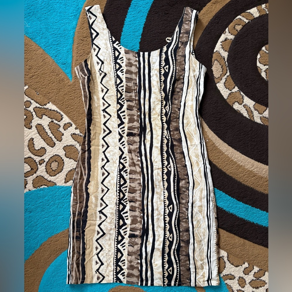 All that Jazz Geometric Striped Patterned Mini Dress in Black, Brown, and Cream